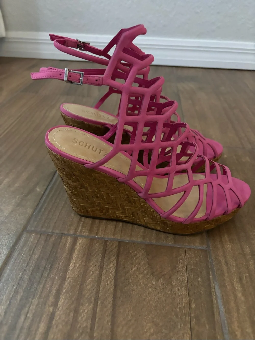 Schutz Marlyn Pink Espadrille Wedge Caged Open Toe Heeled Sandals